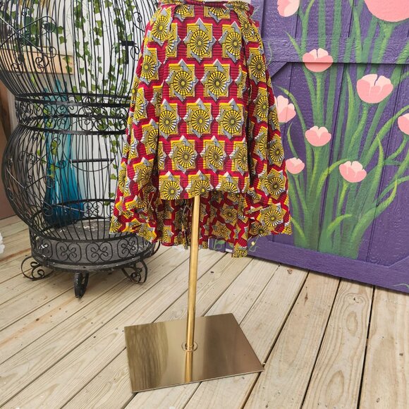 Tia Skirt / Vintage Handmade Yellow & Black Geometric Print Hi-Lo Red Skirt - Picture 3 of 12